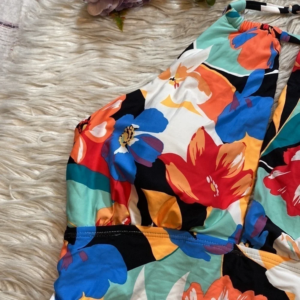 NWT Anne Cole High Neck Keyhole Floral One Piece Swimsuit sz 14